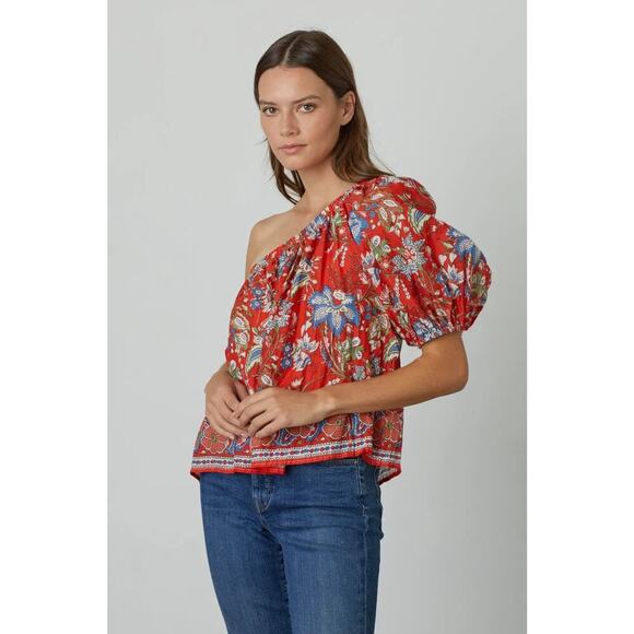 Velvet Graham & Spencer red blue paisley pattern one shoulder blouse NWOT SIze L - Picture 1 of 6
